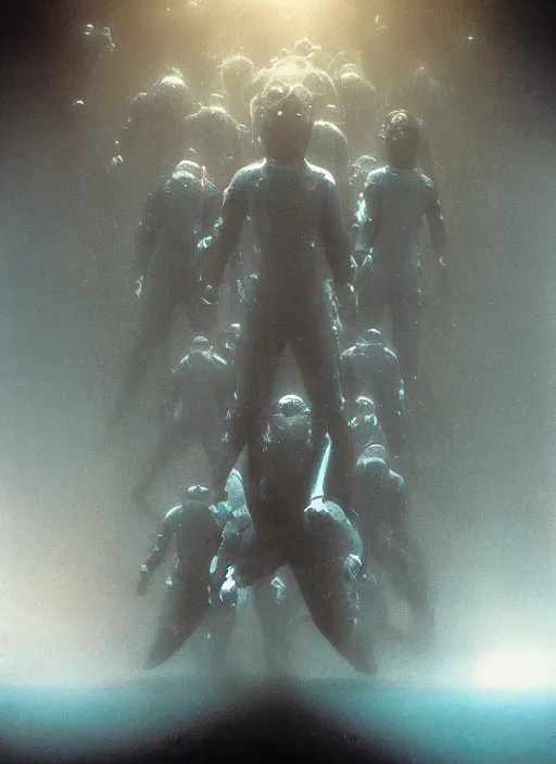 Image similar to astronauts divers in dark void underwater - complex and hyperdetailed technical suit design. reflection and dispersion materials. rays and dispersion of light. volumetric light. f / 3 2. noise film photo. flash photography. ultra realistic, 5 0 mm. poster by wayne barlowe, hajime sorayama aaron horkey, craig mullins