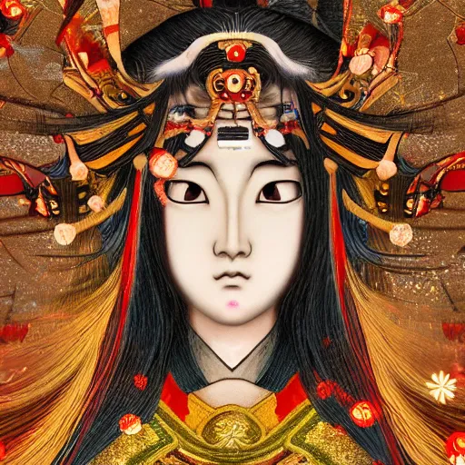 Image similar to japanese goddess, amaterasu god, portrait shot, glitter, depth of field, 8 k, hyper detailed, intricate, trending on artstation