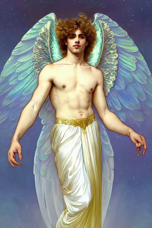 Image similar to fullbody portrait of a beautiful young fit male angel with curly blond hairs, soft smile, closed eyes, blessing palm, dressed in long fluent skirt, majestic symmetrical eagle wings, luminous halo, by greg rutkowski and alphonse mucha, gradient white to gold, in front of an iridescent background, highly detailed portrait, digital painting, smooth, sharp focus illustration