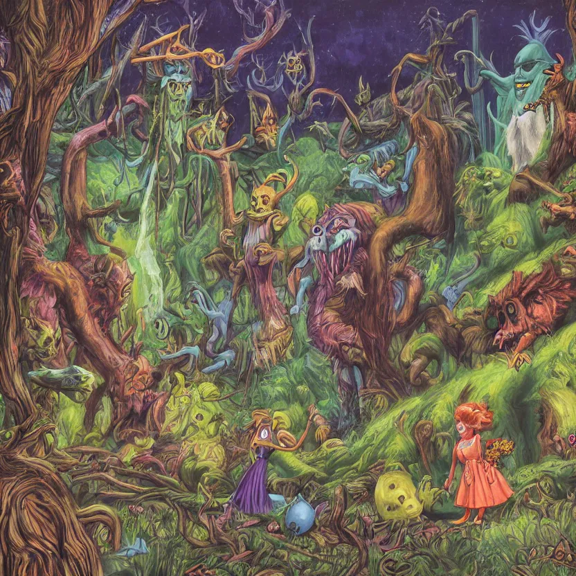 Prompt: a scene of 3 colorful cartoon monsters in the clearing of a dark fantasy forest surrounded by darkness. hyperrealist illustration. muted colors. 1 9 7 0's pulp science fiction and fantasy cartoon for alice in wonderland and wizard of oz. highly detailed and richly colored painting by don ivan punchatz