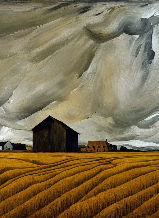 Image similar to Oil painting - An abondoned farmhouse with wheat field - the wheat field is splotched by mold - by Lucian Freud and Jenny Saville, Abstract brush strokes, Masterpiece, Edward Hopper and James Gilleard, Zdzislaw Beksinski, Mark Ryden, Wolfgang Lettl highly detailed, hints of Yayoi Kasuma