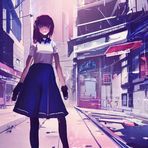 Prompt: Frequency indie album cover, luxury advertisement, white and navy colors. highly detailed post-cyberpunk sci-fi close-up schoolgirl in asian city in style of cytus and deemo, mysterious vibes, by Ilya Kuvshinov, by Greg Tocchini, nier:automata, set in half-life 2, beautiful with eerie vibes, very inspirational, very stylish, with gradients, surrealistic, postapocalyptic vibes, depth of filed, mist, rich cinematic atmosphere, perfect digital art, mystical journey in strange world, bastion game, arthouse