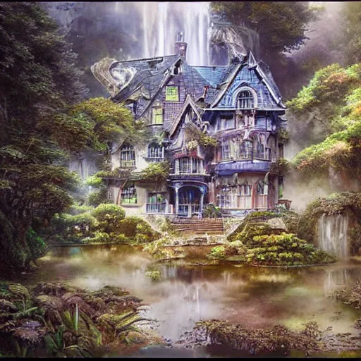 Prompt: water elemental mansion, watery aspect on everything,architecture photography,Studio Ghibli,color grading and detail showcase,insanely detailed painting by james gurney