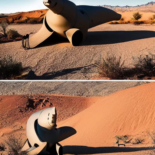 Image similar to 🐋 as 🤖 as 🐼 as 🦕 as 👽, desert photography