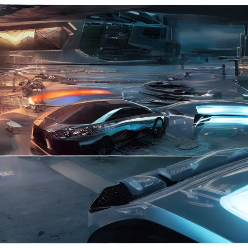 Image similar to parking several cars: center composition, car portrait shot, motherboard forms designed by zaha hadid, sci-fi futuristic ultra realistic photography, keyshot render, octane render, unreal engine 5 lumen, high oiled liquid glossy specularity reflections, ultra detailed, golden hour, dramatic lighting 4k, 8k, 16k in the style ofblade runner 2049 Cyberpunk 2077 ghost in the shell thor 2 marvel film : tilt shift: sharp focus