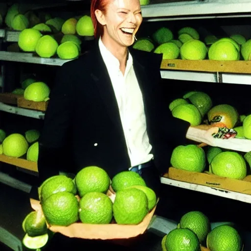 Prompt: david bowie laughing while holding 50 limes