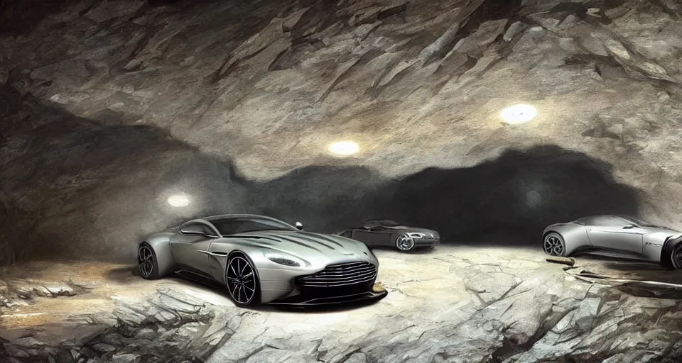 Image similar to Aston Martin in modern cave Next to the pool,digital art,ultra realistic,ultra detailed,art by greg rutkowski