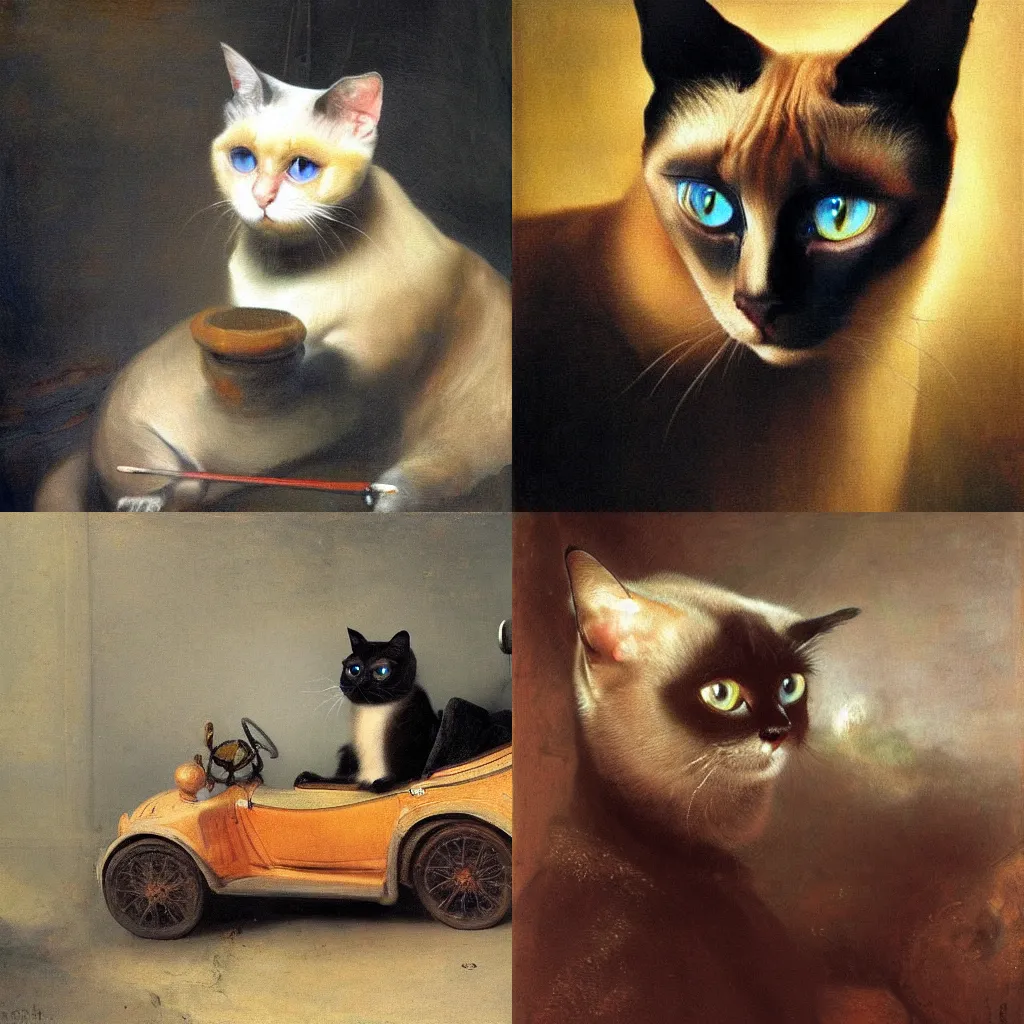 Prompt: a Siamese cat is driving a car. Painting by Rembrandt. Trending on artstation.