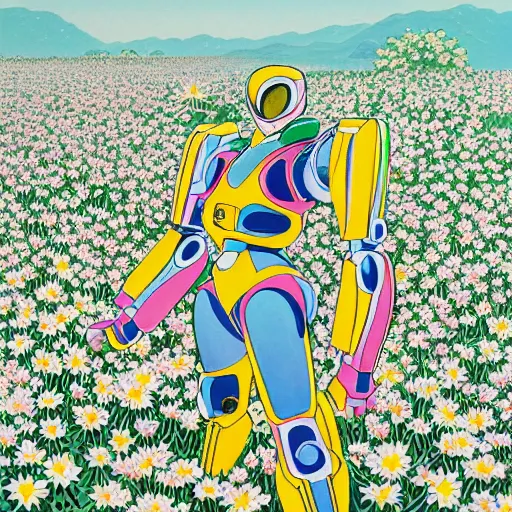 Prompt: a beautiful painting of a macular humanoid mecha power ranger in a field of flowers by hiroshi nagai and hirohiko araki, detailed line art