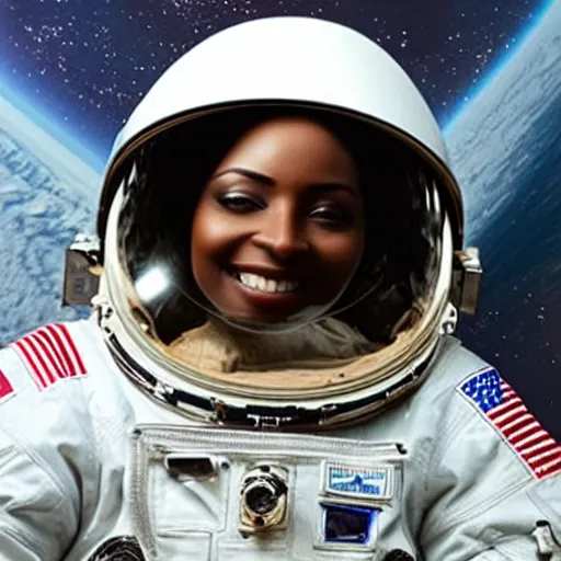 Image similar to “dark skinned astronaut wearing translucent helmet waving at the international space station nigerian woman facial features”