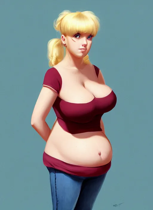 Image similar to full body teenage betty cooper, blonde hair, obese, bangs, ponytail, sultry, realistic, sultry smirk, ponytail, fluffy bangs, curly bangs, fat, belly, beautiful girl, intricate, elegant, highly detailed, digital painting, artstation, concept art, smooth, sharp focus, illustration, art by wlop, mars ravelo and greg rutkowski