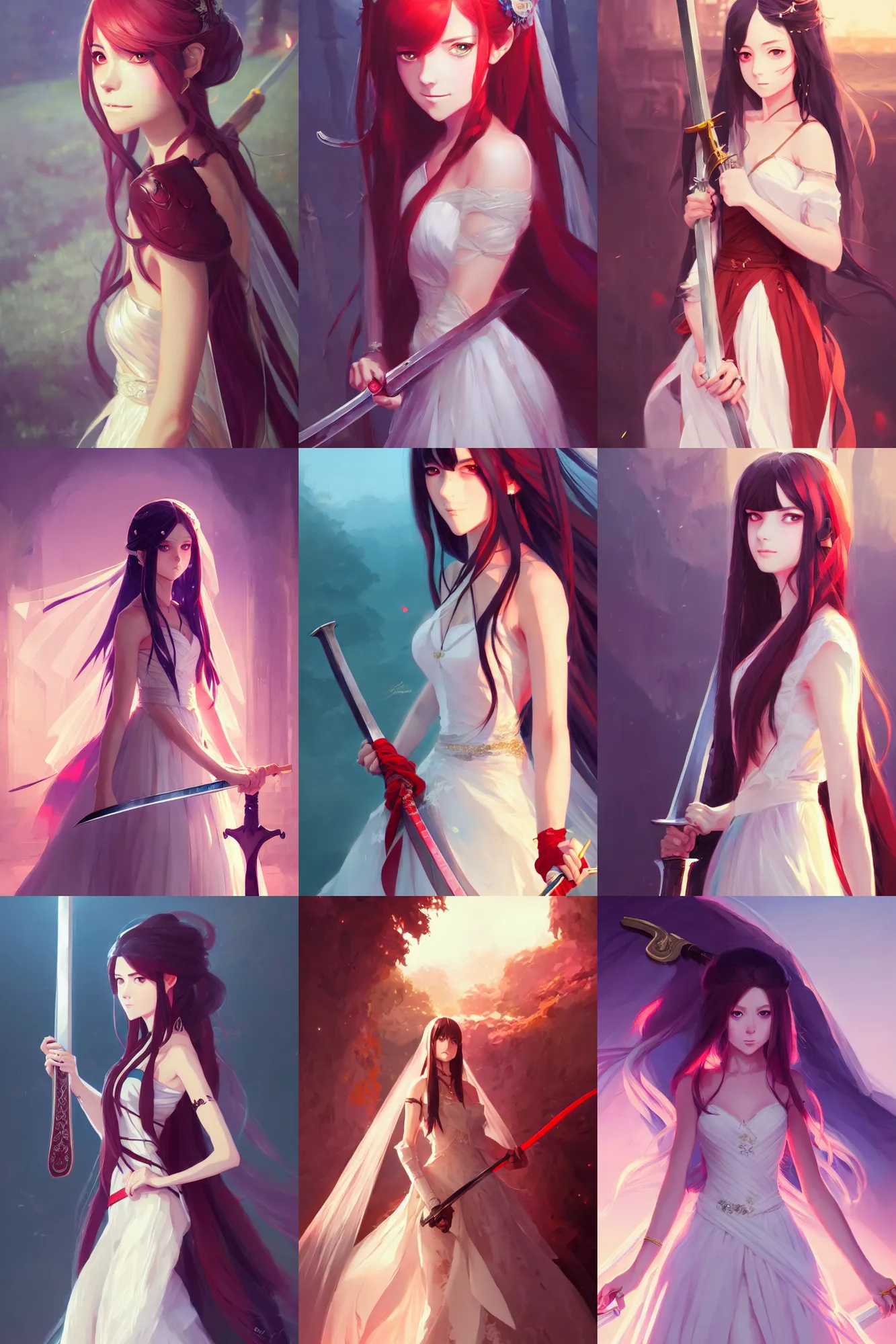 Prompt: portrait girl in luxurious wedding dress holding a sword, long straight hair, colourful, pretty face, cute face, intimidating expression, red eyes, anime by greg rutkowski rossdraws makoto shinkai, adobe illustrator, trending on pixiv, behance
