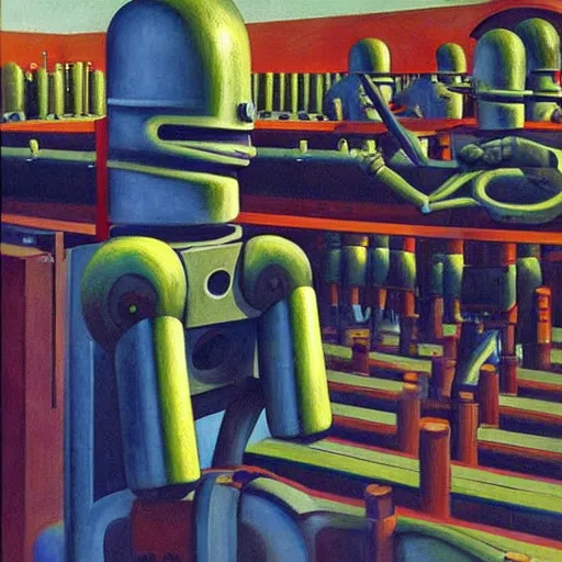 Image similar to drab slave human workers building robots, watched by fascist robots, brutalist factory, dystopian, pj crook, edward hopper, oil on canvas