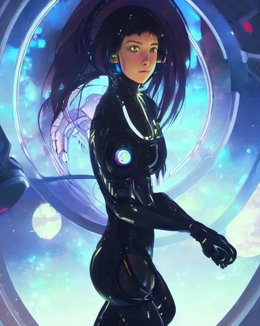 Image similar to anime visual of a female astronaut, neon, cyberpunk, black futuristic suit, stunning, highly detailed, digital painting, artstation, smooth, soft focus, illustration, art by artgerm and greg rutkowski and alphonse mucha