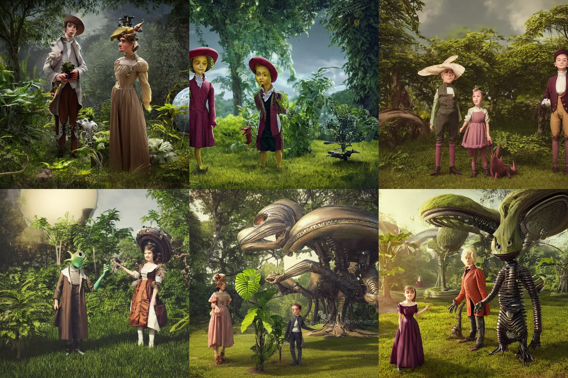 Prompt: detailed, sharp, a girl and a boy standing next to some alien plants, looking happy, wearing 1820s era clothes, their small pet alien creature is standing nearby, in a park on an alien planet, steampunk, extremely highly detailed, hyperrealistic, octane render, 8k, HD, good lighting