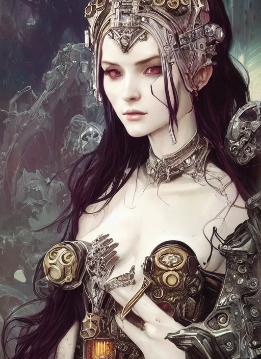 Prompt: portrait of beautiful pale gothic maiden, warhammer 40000, cyberpunk, intricate, elegant, highly detailed, digital painting, artstation, concept art, smooth, sharp focus, illustration, art by artgerm and greg rutkowski and alphonse mucha and Gustav Klimt and Ilya Kuvshinov and WLOP