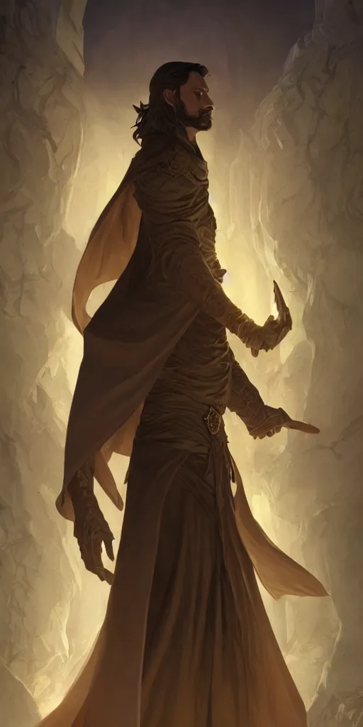 Image similar to sinister male mage, viscount, charismatic, linen robe, ancient, sand, emerald, magic, dark forces, intricate, highly detailed, digital painting, artstation, concept art, smooth, sharp focus, illustration, Unreal Engine 5, 8K, art by artgerm and greg rutkowski and alphonse mucha