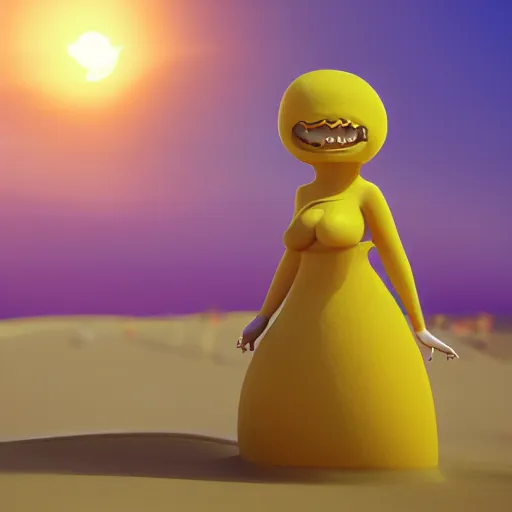 Prompt: 3 d octane render, of a hot anthropomorphic lemon female character inspired by cartoon adventure time, with lemon skin texture, she is wearing a hat, building a sandcastle on the beach at sunset, beach, huge waves, sun, clouds, long violet and green trees, rim light, cinematic photography, professional, sand, sandcastle, volumetric lightening