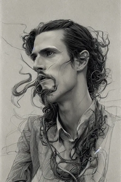 Image similar to skinny male fantasy scientist, long dark hair, 1 9 2 0 s, elegant, highly detailed, intricate, smooth, sharp focus, artstation, digital paining, concept art, art by donato giancola, greg rutkowski, artgerm, cedric peyravernay