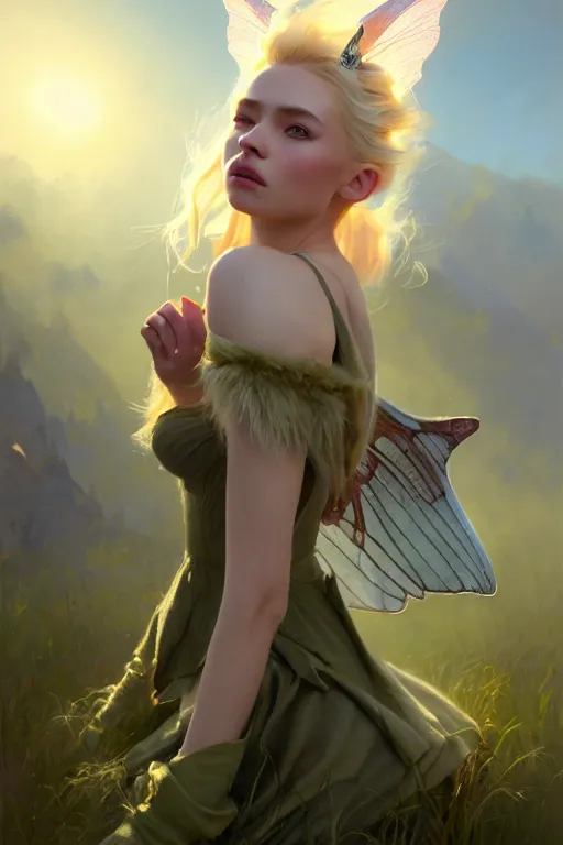 Image similar to cinematic shot of an epic portrait of a cute blonde fairy dressed in military clothes, stylised military clothes, large wings on back, shiny skin, beautiful, small details, realistic poster with volumetric light from jeremy lipkin and michael garmash, craig mallism, artgerm, unreal engine, radiant light, digital art, trends at art station, a masterpiece