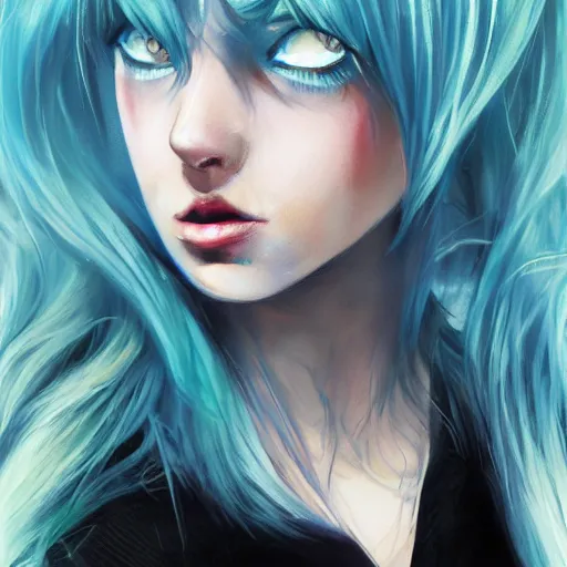 Image similar to full face shot of rimuru tempest, sky blue straight hair, long bangs, with amber eyes, wearing a black jacket, high collar, ultra detailed, concept art, award winning photography, digital painting, cinematic, wlop artstation, closeup, pixiv, evil, yoshitaka amano, andy warhol, ilya kuvshinov,