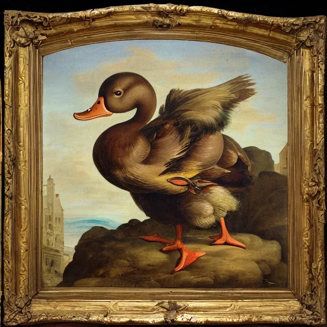 Image similar to baroque dutch painting from 1 6 7 0 of a duck holding a trangle