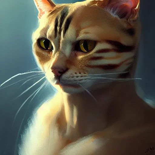 Image similar to humanoid cat feline hybrid, concept art oil painting, portrait ethereal by jama jurabaev, greg rutkowski extremely detailed, brush hard, artstation, soft light