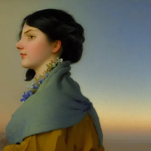 Image similar to a young woman's face, her hair is silver grey and she wears an indigo blue satin cloak, by ivan aivazovsky and syd mead and moebius and gaston bussiere and roger dean and pieter claesz and paul delaroche and alma tadema and aelbert cuyp and glenn fabry, hyperrealistic, volumetric light, octane render