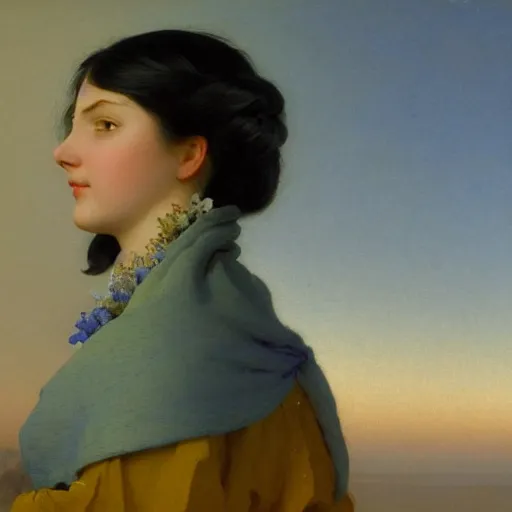 Prompt: a young woman's face, her hair is silver grey and she wears an indigo blue satin cloak, by ivan aivazovsky and syd mead and moebius and gaston bussiere and roger dean and pieter claesz and paul delaroche and alma tadema and aelbert cuyp and glenn fabry, hyperrealistic, volumetric light, octane render