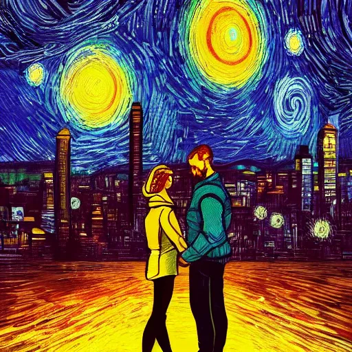 Prompt: couple, galaxy, van gogh style, detailed, digital art, high resolution, cyberpunk vibe