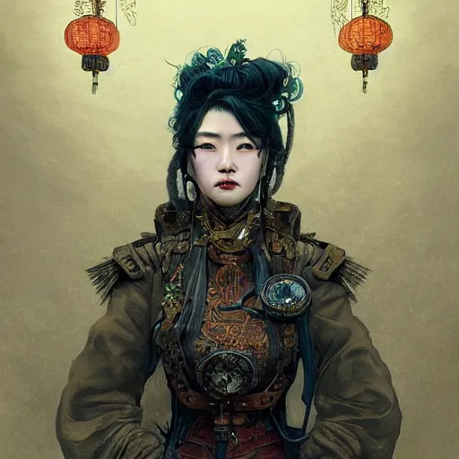 Image similar to steampunk rugged Chinese lady, surreal, dramatic lighting, face, detailed, intricate, elegant, highly detailed, digital painting, concept art, smooth, sharp focus, illustration, art by Sam Spratt, Dan Mumford, Artem Demura and Alphonse Mucha