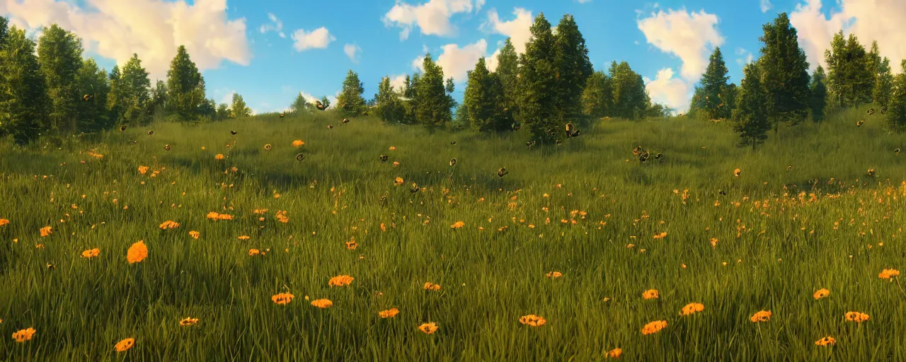 Image similar to a beautiful meadow landscape with cute happy bees flying, flowers, happy trees, photorealistic, octane render, rtx, hdr, unreal engine, digital art widescreen 8 k