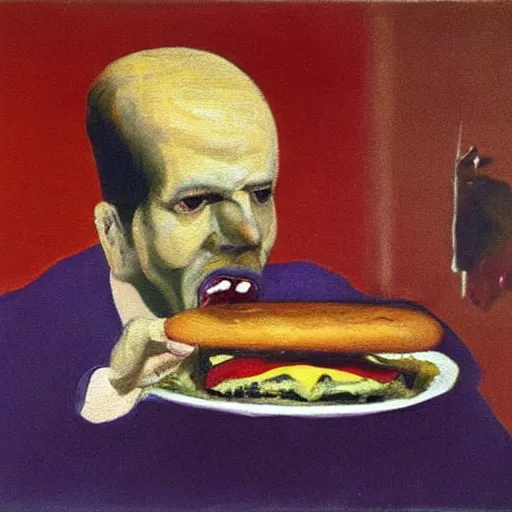 Prompt: man eating hamburger, oil painting by francis bacon,