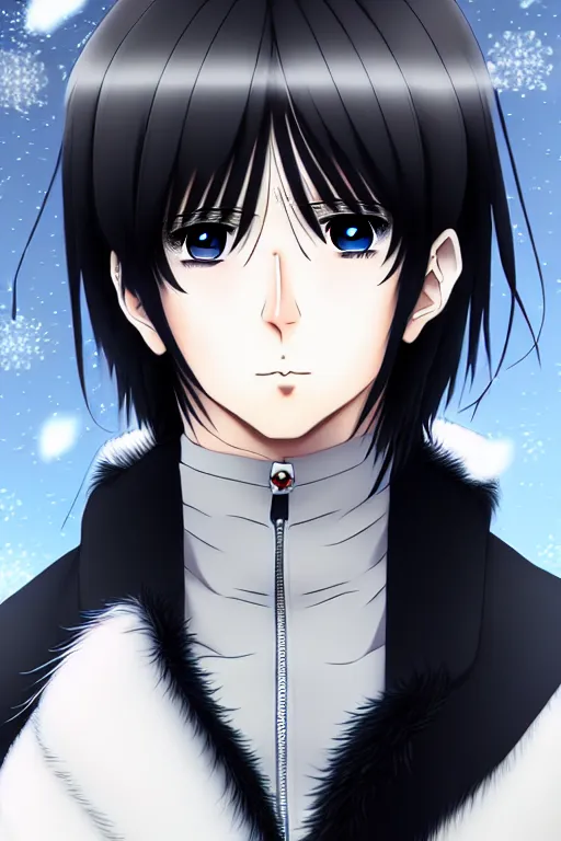 Image similar to anime portrait of a handsome man, dark long hair, side - swept bangs, wearing white fur coat in snow, ilya kuvshinov, anime, pixiv top monthly, trending on artstation, cinematic, danbooru, zerochan art, kyoto animation