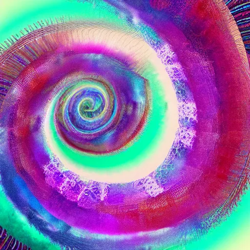 Prompt: abstract acrylic of a spiral vortex, chaotic fractal patterns, cells, purple magenta blue iridescent colors, dynamic curves, pouring techniques, artstation, pinterest