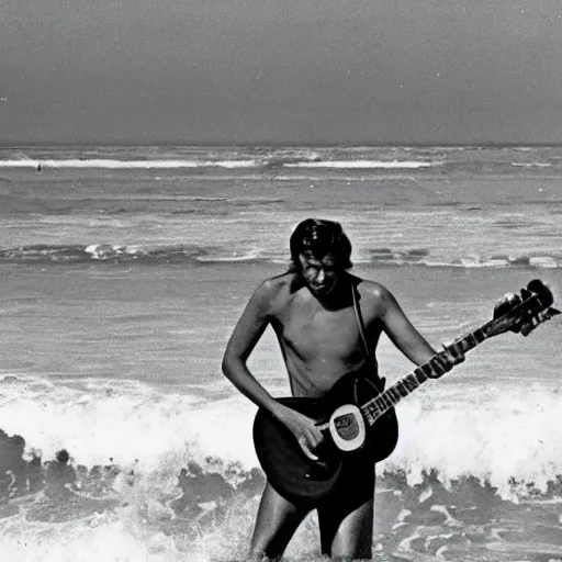 Image similar to 1960s photo of a surfer playing guitar on the waves