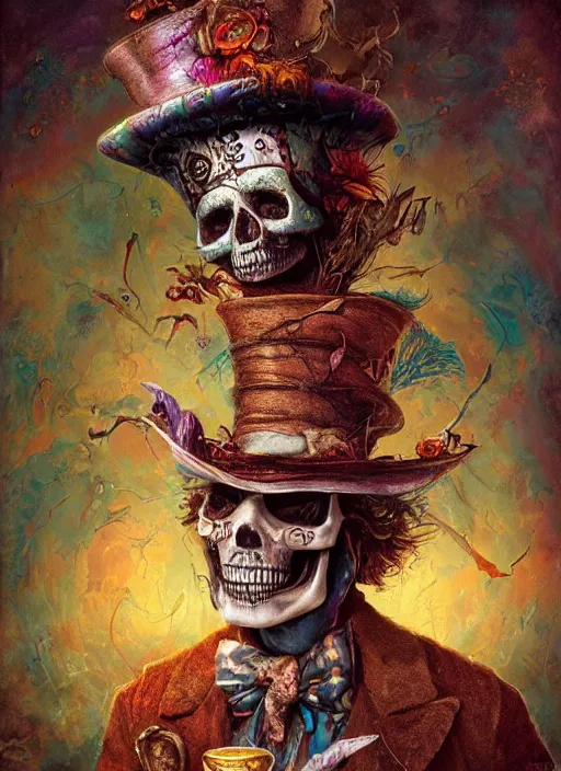 Image similar to mad hatter, mayan god, skull, highly detailed, cinematic, 8 k, by megan duncanson, benjamin lacombe, adrian borda, stanley artgermm, tom bagshaw, craig mullins, carne griffiths, ayami kojima, beksinski, giger, trending on deviantart, hyper detailed, horror, full of colour