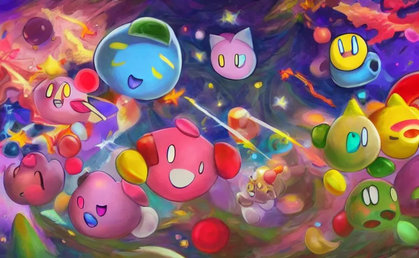 Image similar to Kirby and the crystal shards, digital painting, expressionistic, intricate detail, meticulous brush strokes, genius composition, masterpiece, work of art, 4k wallpaper