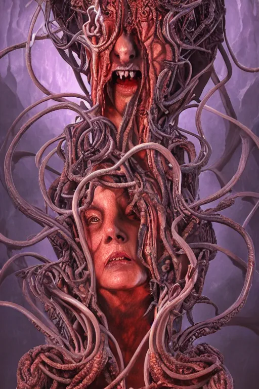 Image similar to medusa fused with a demon of dante´s inferno, photo, portrait, 3d, grotesque, terrifying, high details, intricate details, by vincent di fate, artgerm julie bell beeple, 90s, Smooth gradients, octane render, 8k, High contrast, duo tone, depth of field, very coherent symmetrical artwork