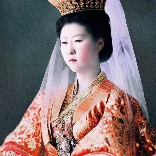 Image similar to A wide full shot, colored Russian and Japanese mix historical fantasy of a photograph portrait taken of the empress wearing her royal wedding attire, photographic portrait, warm lighting, 1907 photo from the official wedding photographer for the royal wedding.