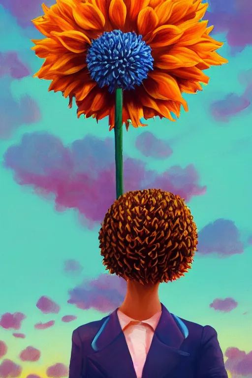 Image similar to closeup giant dahlia flower head, girl in a suit, street, surreal photography, blue sky, sunrise, dramatic light, impressionist painting, digital painting, artstation, simon stalenhag