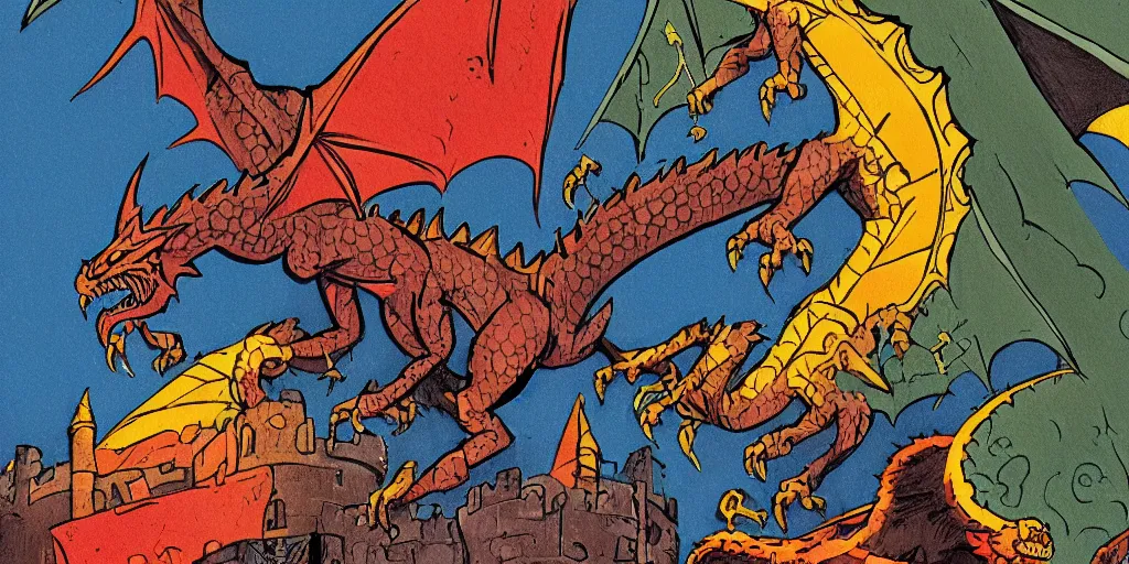 Image similar to colourful - damaged - detailed image of a Mike Mignola style dragon and of a castle