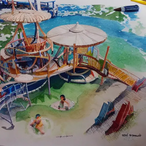 Image similar to water color on paper, water park fun, highly detailed, artstation, masterpiece, award - winning,