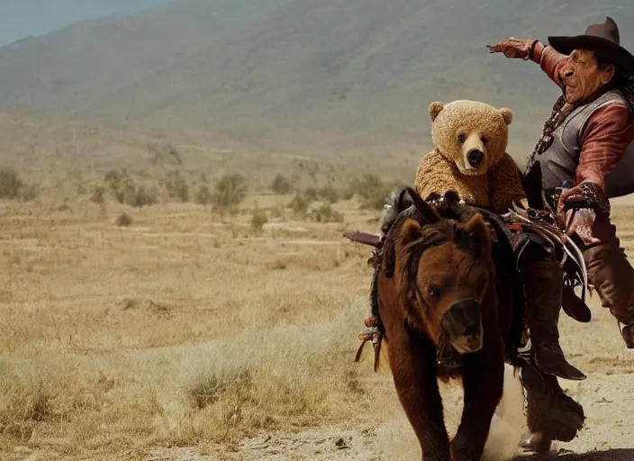 Image similar to film still of danny trejo on a saddle riding a bear wearing a bandana in mexico, 8 k