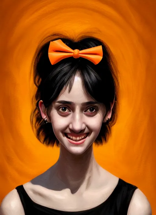 Image similar to portrait of high school girl, realistic, black hair, bangs, half updo hairstyle, pointy nose, skinny, smile, ugly, defined jawline, big chin, orange hair bow, earrings, intricate, elegant, glowing lights, highly detailed, digital painting, artstation, sharp focus, illustration, art by wlop, mars ravelo and greg rutkowski