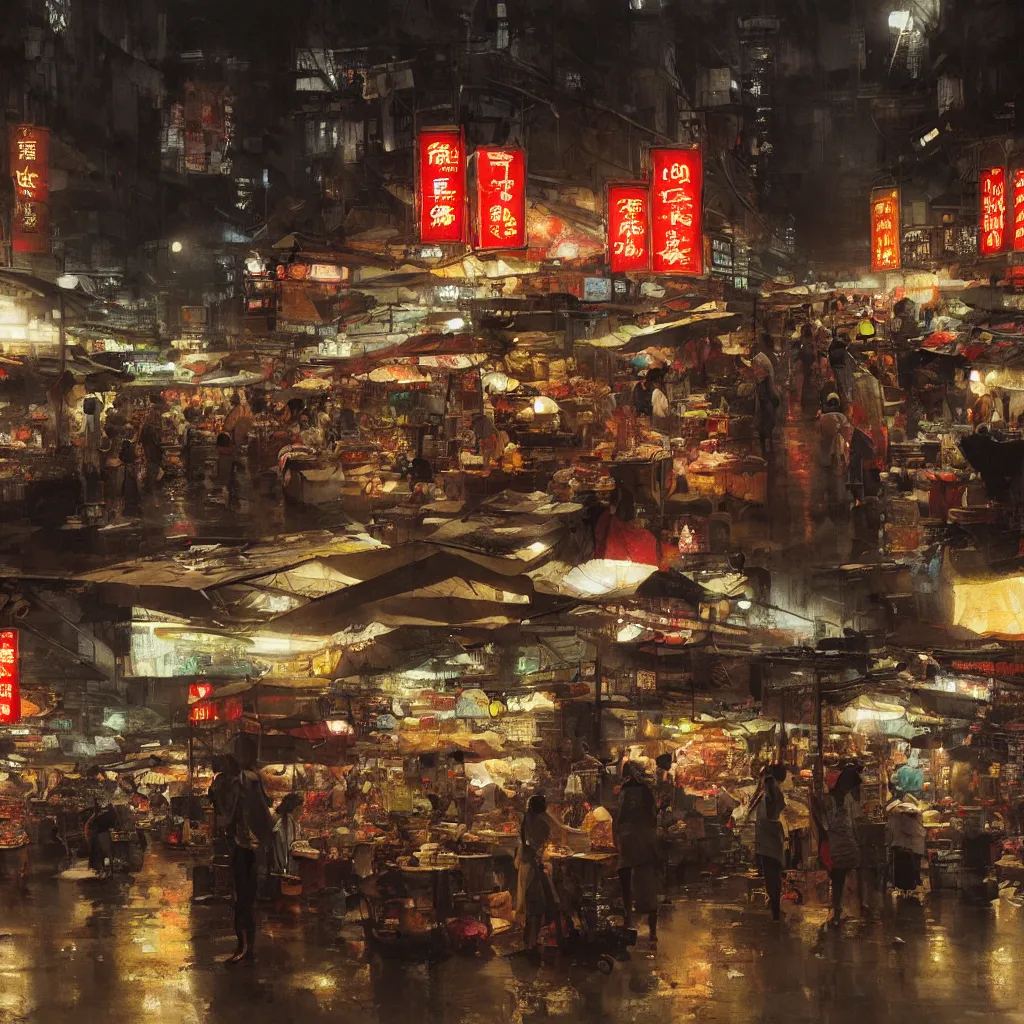 Image similar to an asian wet market at night, by greg rutkowski