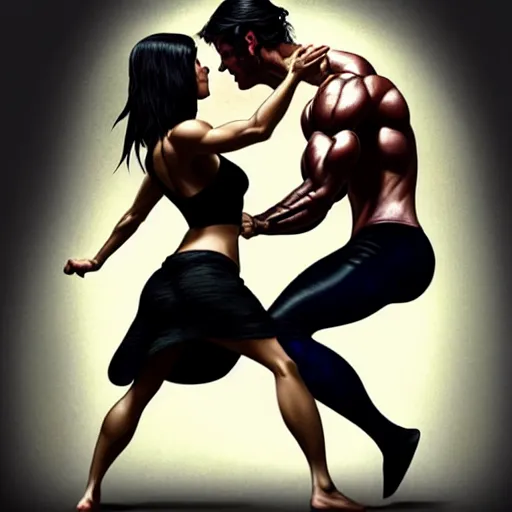 Prompt: an action photo of a black haired woman in a black tank top fighting a man, rocky movie, muscular upper body, abs, d & d, fantasy, intricate, elegant, highly detailed, digital painting, artstation, concept art, smooth, sharp focus, illustration, art by artgerm and greg rutkowski and alphonse mucha