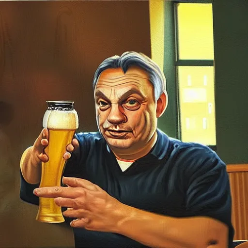 Image similar to viktor orban brewing beer in his kitchen, oil painting