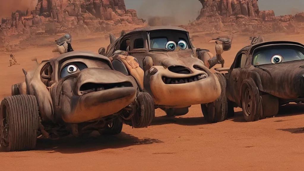 Image similar to mad max cars in a pixar disney movie