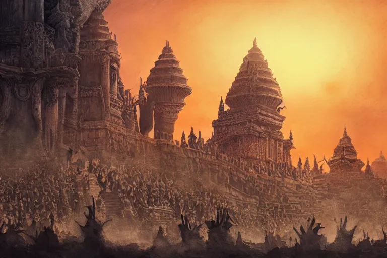 Prompt: King Rajasanagara coronation day in ancient Majapahit kingdom, volumetric sunset sky in the background, in the style of Guillermo del Toro and Milt Kahl, xerography, concept art, ultra detailed, cinematic, epic, masterpiece, illustration, trending on artstation, HDR, 8k